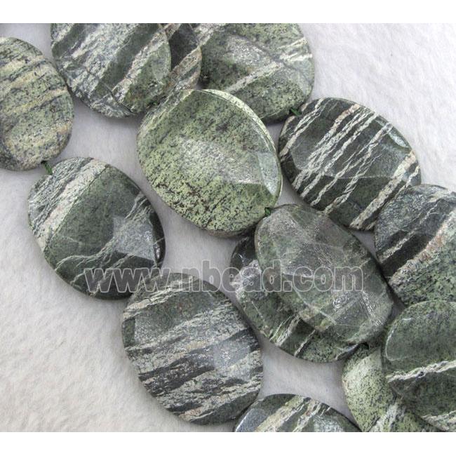 Natural Green Silver-line Jasper Beads, faceted flat oval