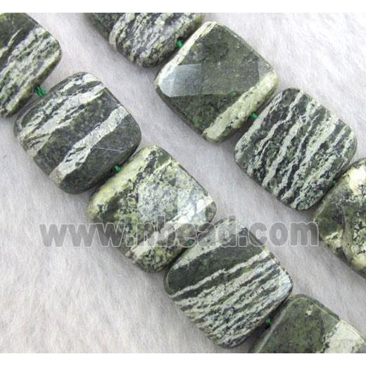 Natural Green Silver-line Jasper Beads, faceted square