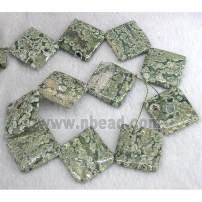 Rhyolite Jasper beads, green, corner-drilled square