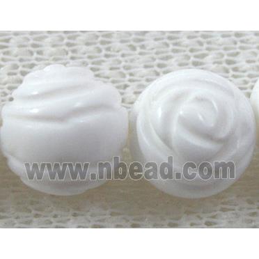 tridacna shell beads, round, carved rose-flower, white