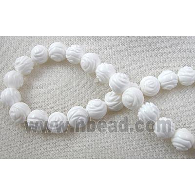 tridacna shell beads, round, carved rose-flower, white