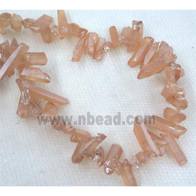 clear quartz bead, stick, freeform, pink electroplated
