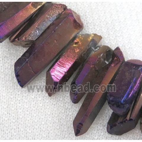 clear quartz bead, stick, freeform, purple electroplated