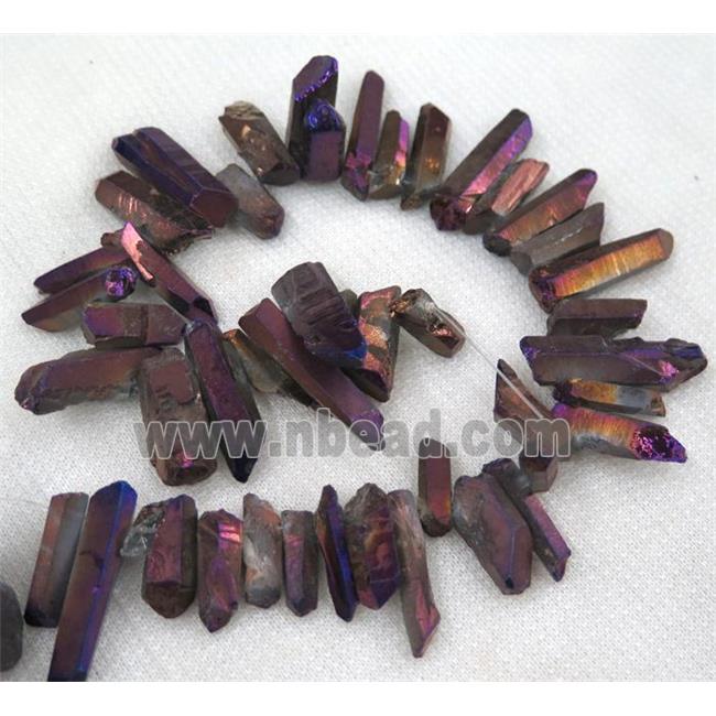 clear quartz bead, stick, freeform, purple electroplated