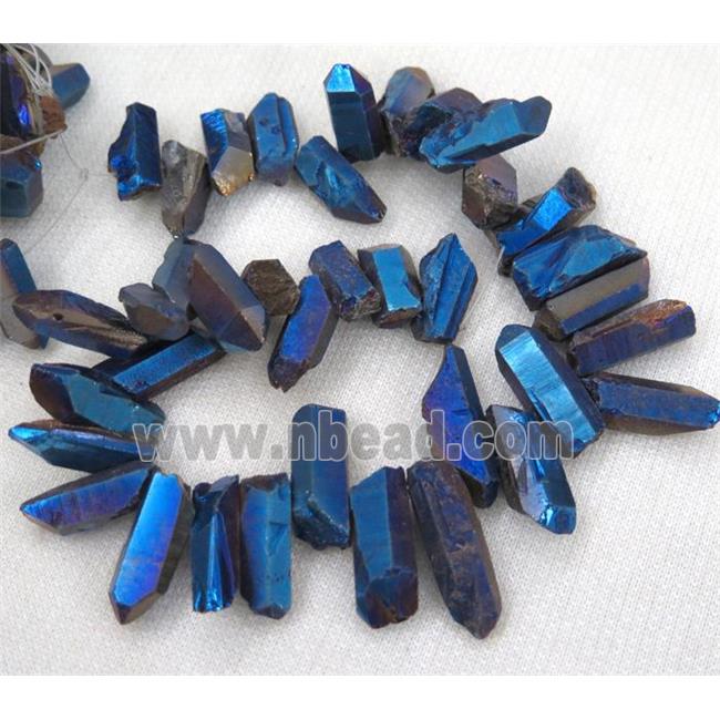 clear quartz bead, stick, freeform, blue electroplated