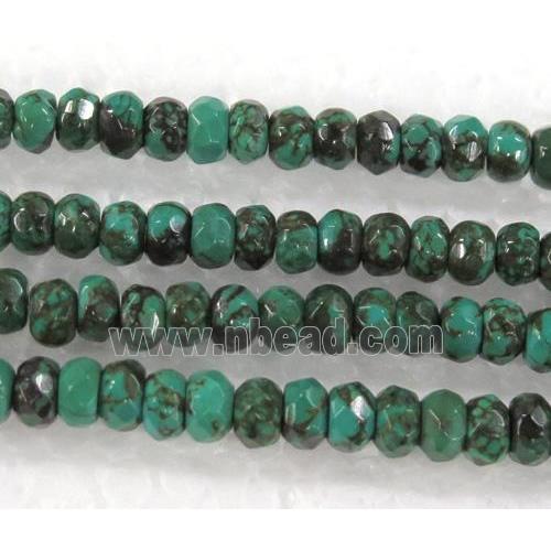 turquoise bead, faceted rondelle, green treated