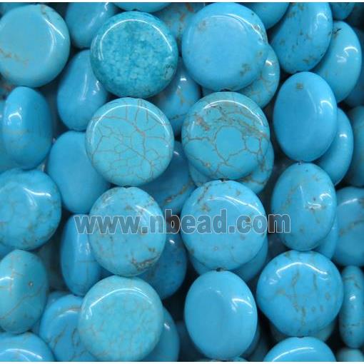 turquoise beads, flat round, blue treated