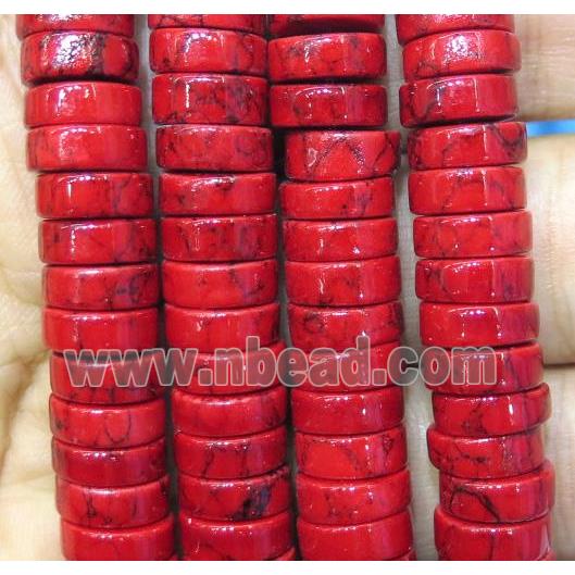 turquoise heishi beads, red, synthetic
