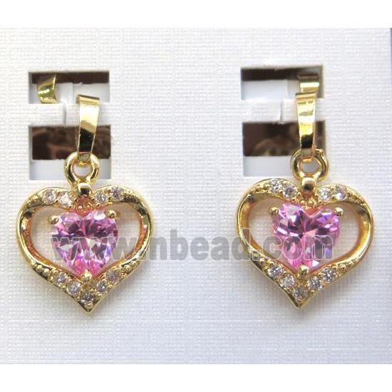 pink zircon pendant, heart, copper, gold plated