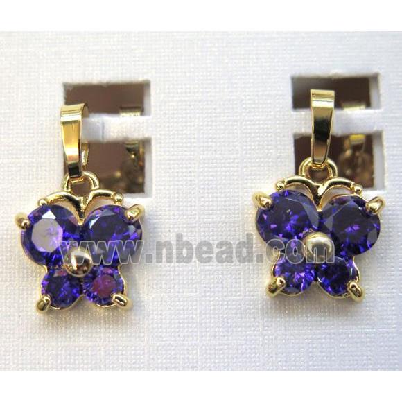 purple zircon pendant, butterfly, copper, gold plated