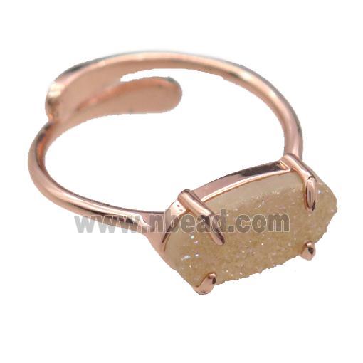 copper Rings with champagne Quartz Druzy, resizable, rose gold