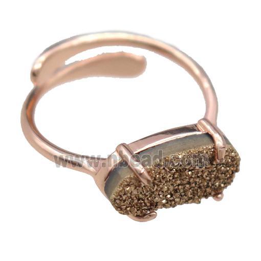copper Rings with gold Quartz Druzy, resizable, rose gold