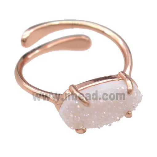 copper Rings with white Quartz Druzy, resizable, rose gold