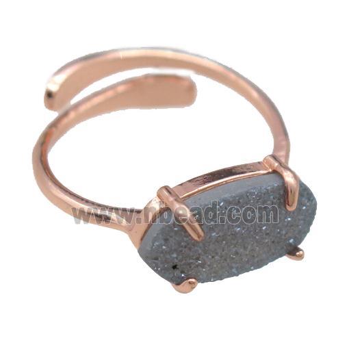 copper Rings with gray Quartz Druzy, resizable, rose gold