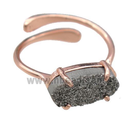copper Rings with silver Quartz Druzy, resizable, rose gold