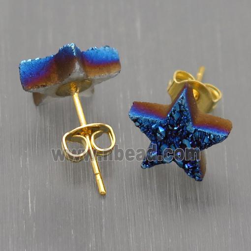 blue Quartz Druzy Star Stud Earrings