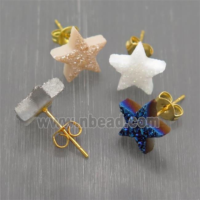 Star Quartz Druzy Stud Earrings, mix color, gold plated