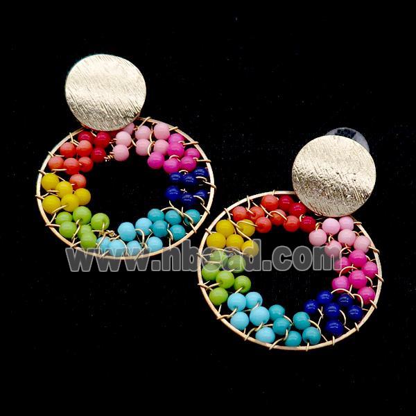 Pearlized Glass Stud Earring Copper Multicolor Wire Wrapped Gold Plated