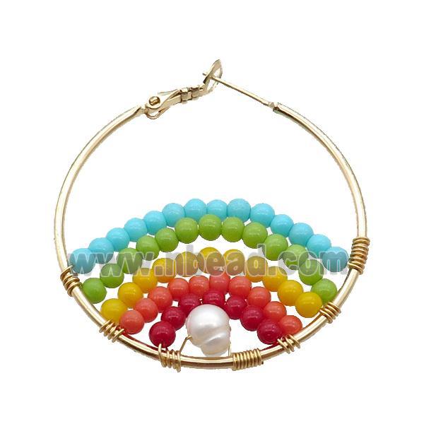 Pearlized Glass Hoop Earring Copper Multicolor Gold Plated