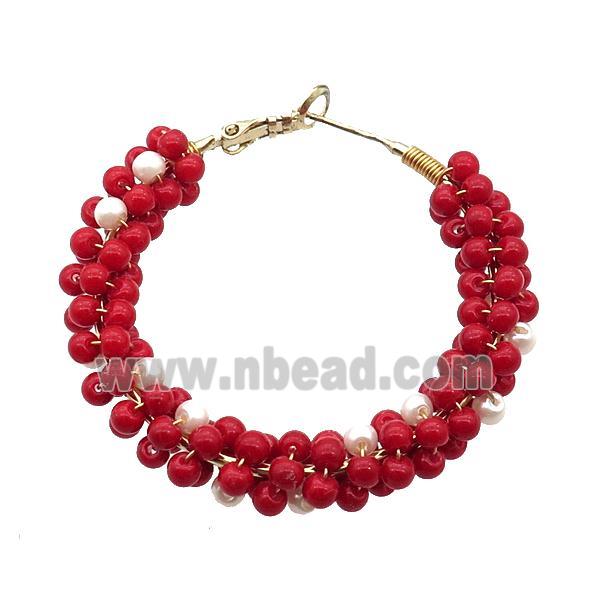 Red Pearlized Glass Copper Hoop Earring Gold Plated