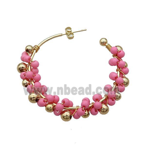 Pink Pearlized Glass Copper Stud Earring Gold Plated