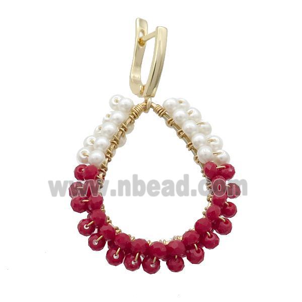 White Red Crystal Glass Copper Latchback Earring Gold Plated