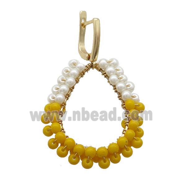 White Yellow Pearlized Glass Copper Latchback Earring Gold Plated