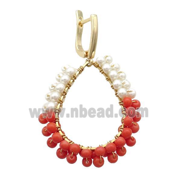 White Red Pearlized Glass Copper Latchback Earring Gold Plated