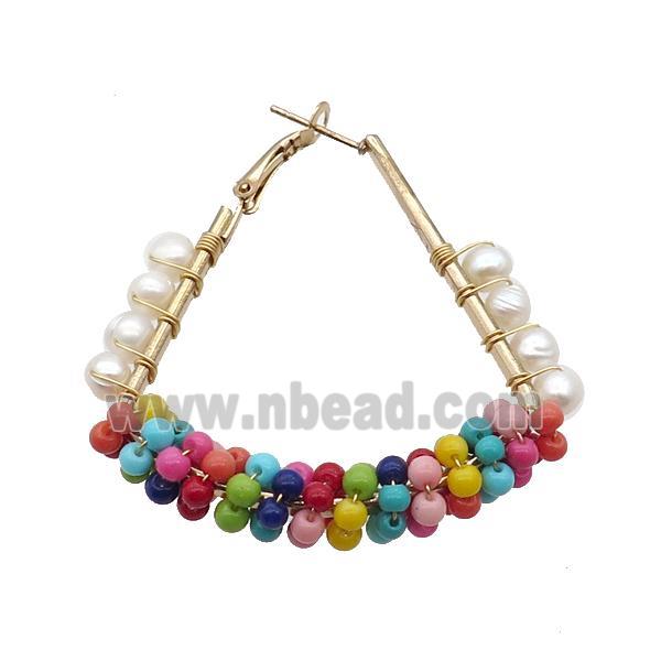Multicolor Pearlized Glass Copper Latchback Earring White Pearl Gold Plated