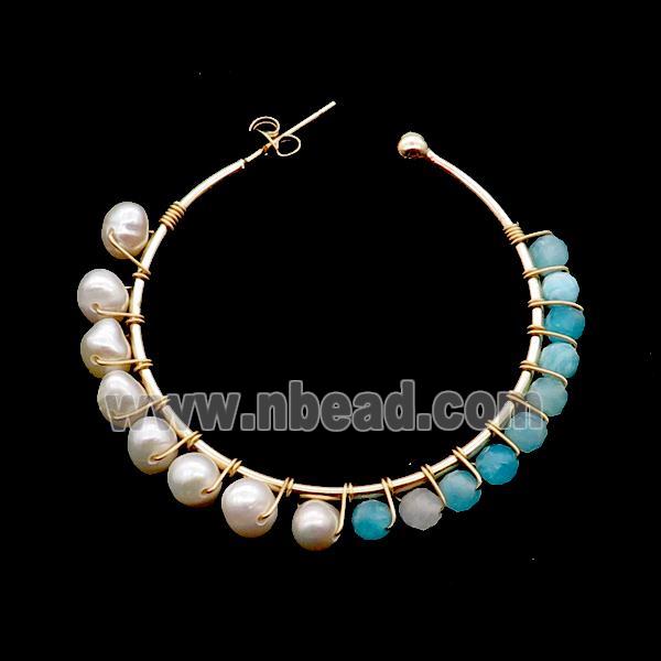Pearl Copper Stud Earring With Green Amazonite Gold Plated