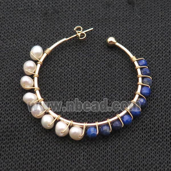 Pearl Copper Stud Earring With Blue Lapis Gold Plated