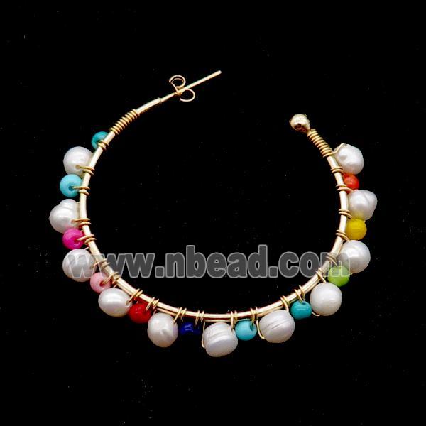 Pearl Copper Stud Earring With Multicolor Pearlized Glass Gold Plated