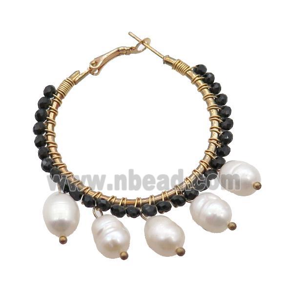 Black Crystal Glass Copper Hoop Earring With Pearl Gold Plated