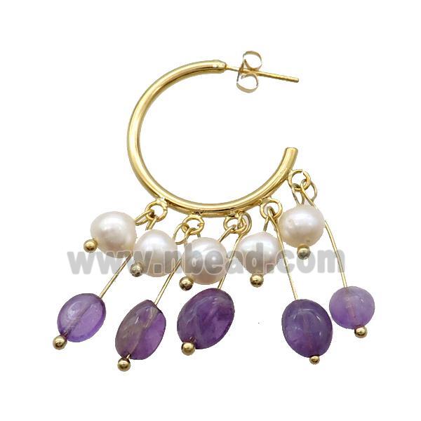 Amethyst Pearl Copper Stud Earring Gold Plated