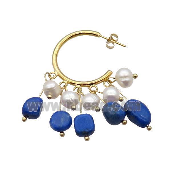 Blue Lapis Pearl Copper Stud Earring Gold Plated