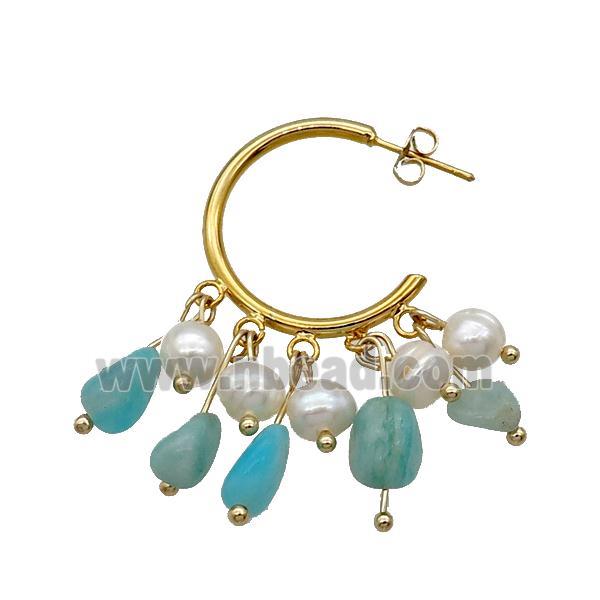 Green Amazonite Pearl Copper Stud Earring Gold Plated