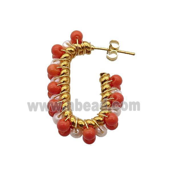 White Pearl Copper Stud Earring With Red Pearlized Glass Gold Plated