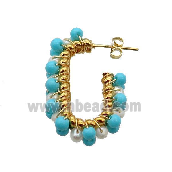 White Pearl Copper Stud Earring With Blue Pearlized Glass Gold Plated