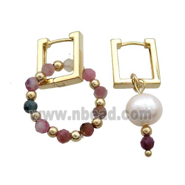 Multicolor Tourmaline Copper Latchback Earring With Pearl Gold Plated