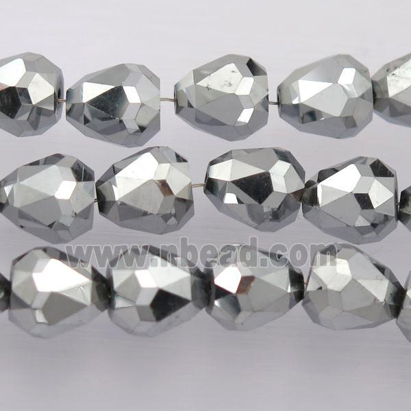 Chinese Crystal Glass Beads, faceted teardrop, platinum plated