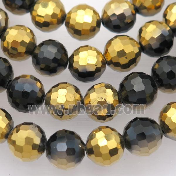 black Chinese Crystal Glass Beads, faceted round, half gold plated