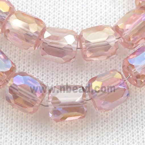 Crystal Glass Beads, faceted barrel, pink AB-color