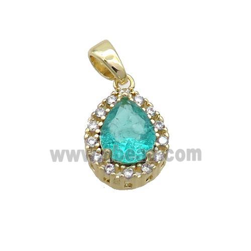 Copper Teardrop Pendant Pave Green Crystal Glass Gold Plated