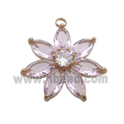 Copper Flower Pendant Pave Pink Crystal Glass Gold Plated