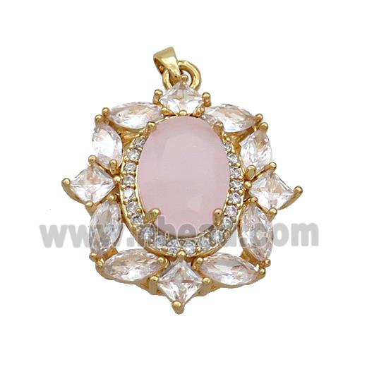 Copper Flower Pendant Pave Pink Crystal Glass Gold Plated