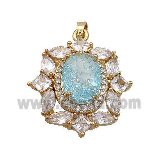 Copper Flower Pendant Pave Blue Crystal Glass Gold Plated