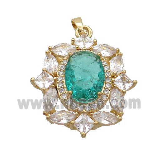 Copper Flower Pendant Pave Green Crystal Glass Gold Plated