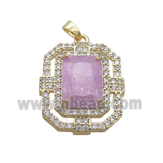Copper Rectangle Pendant Pave PInk Crystal Glass Gold Plated
