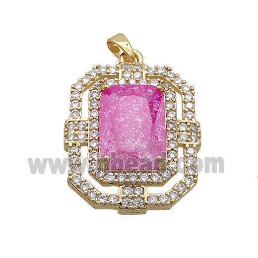 Copper Rectangle Pendant Pave Hotpink Crystal Glass Gold Plated