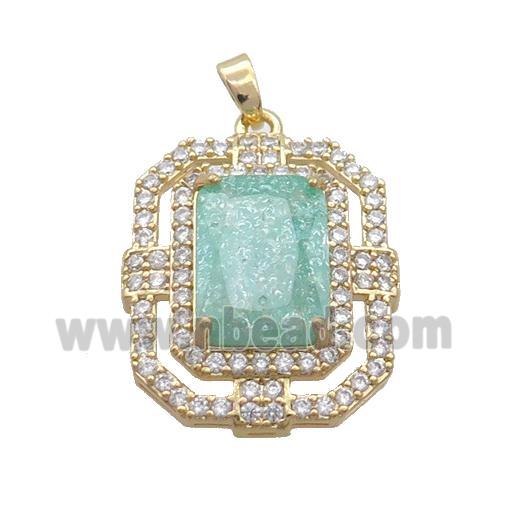 Copper Rectangle Pendant Pave Green Crystal Glass Gold Plated